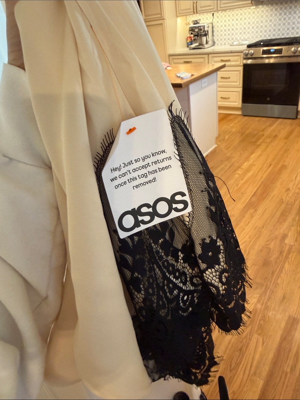 ASOS Cream Long-Sleeve Dress with Black Lace Hem - Picture 3 of 4